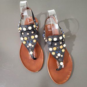 JSlides SZ 38 EU (7.5 US) Black Leather Embellished Sandals